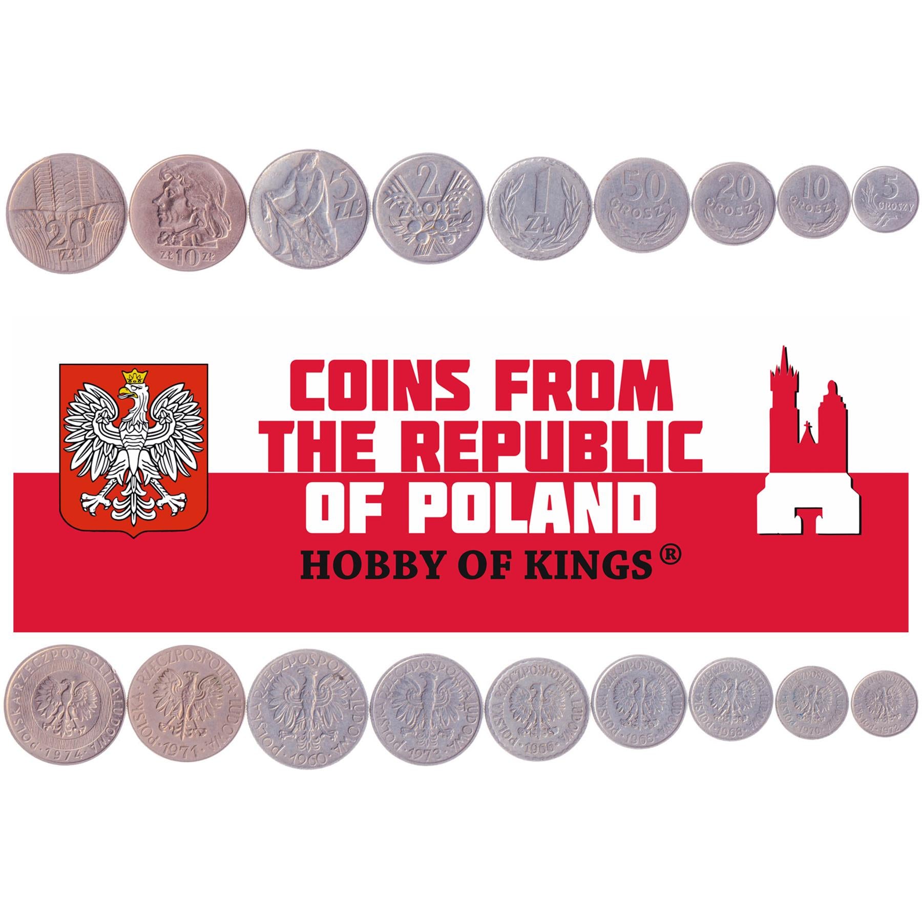 Poland | 9 Coin Set | 5 10 20 50 Groszy 1 Zloty 2 5 10 20 Zlotys | 1957 - 1974