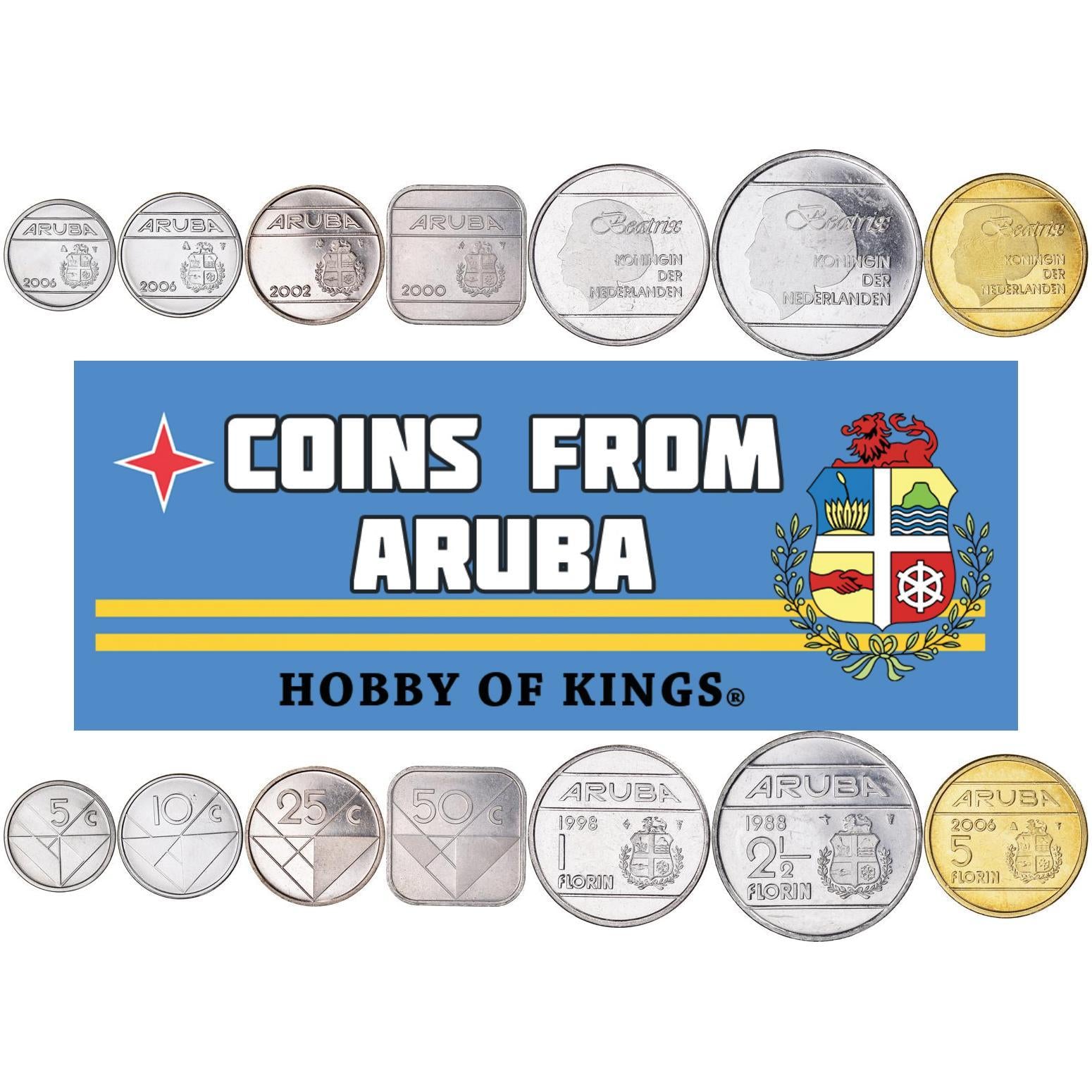 7 COINS SET ARUBA 5 10 25 50 CENTS 1 2 1/2 5 FLORIN 1986 - 2013