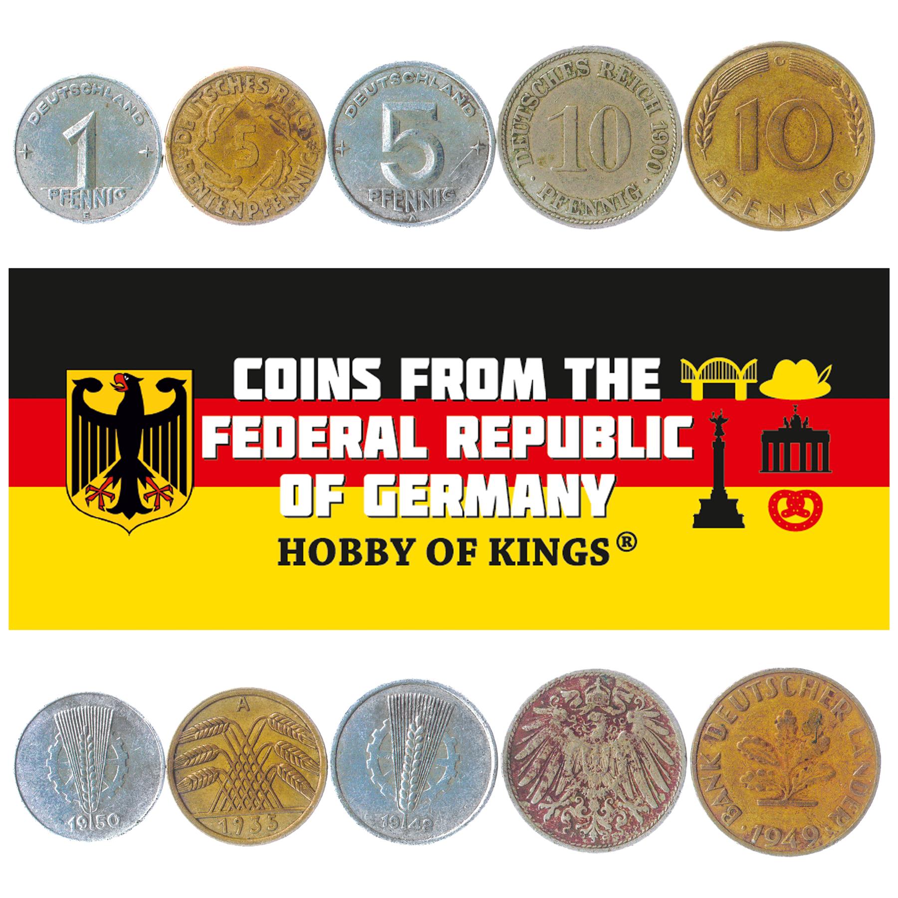 5 Old Coins Germany 1871-1950 Ddr Frg Third Reich Weimar Republic German Empire