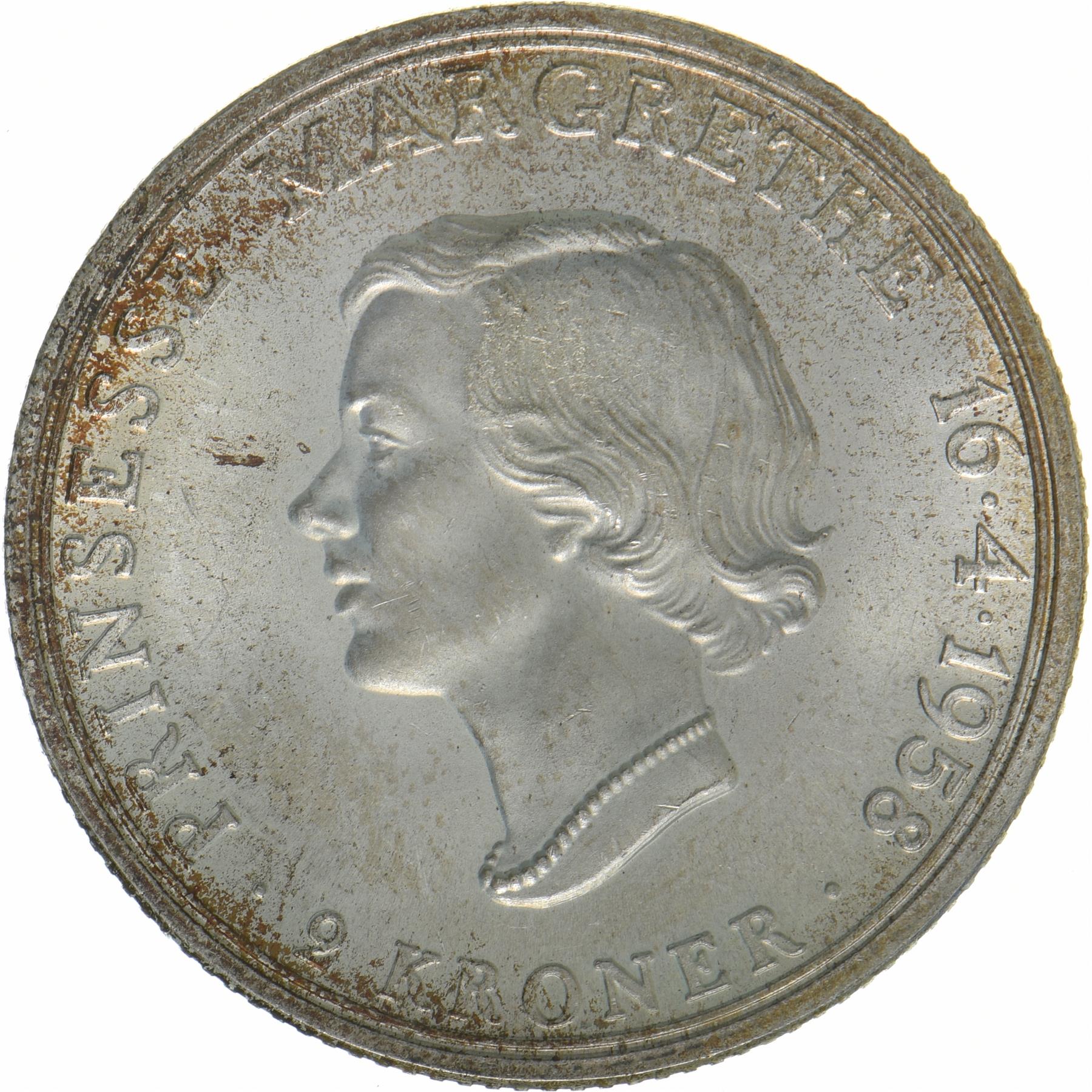 Denmark | 2 Kroner Coin | Silver | Princess Margrethe's 18th Birthday | KM:845 | 1958
