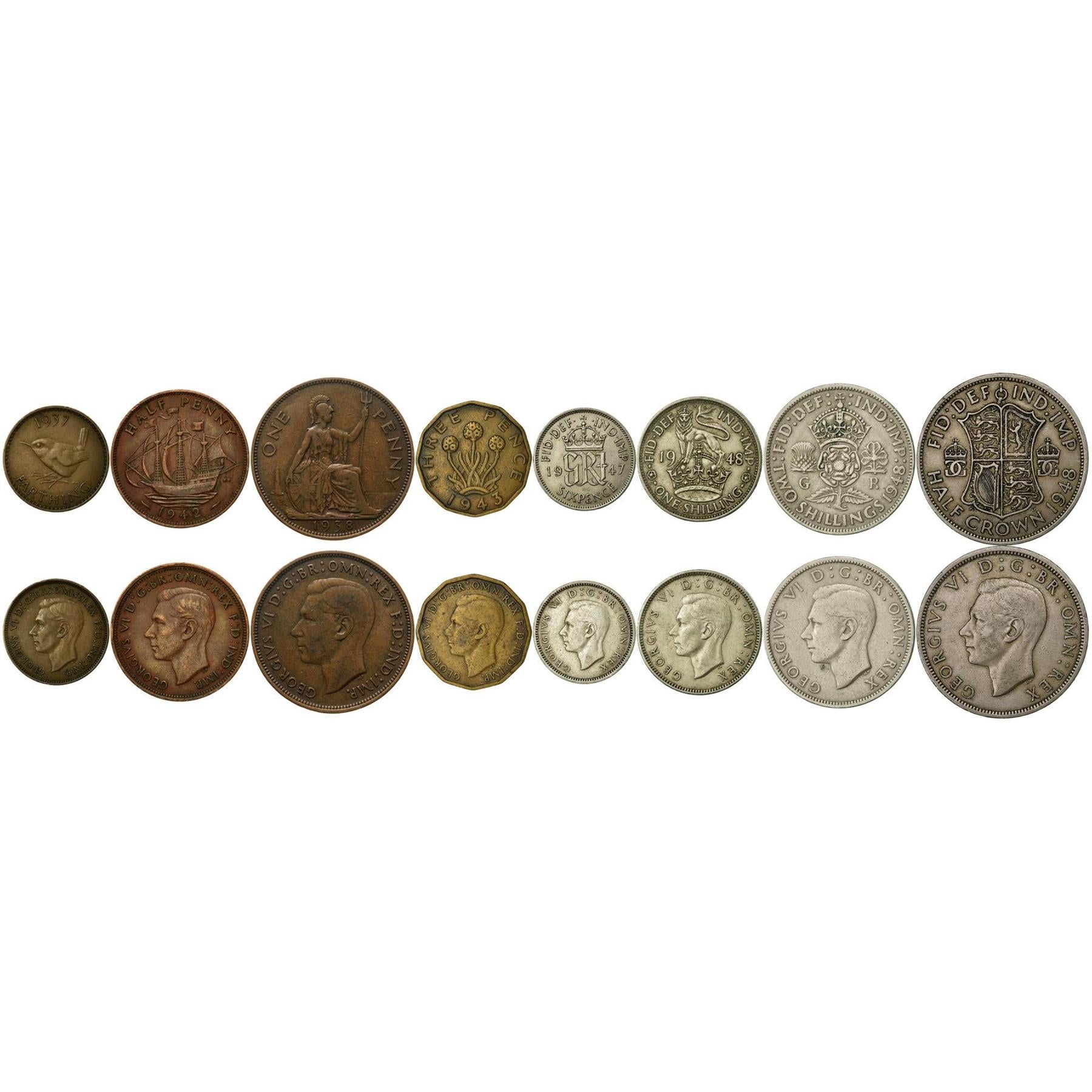 United Kingdom | 8 Coin Set | 1 Farthing 1/2 1 Penny 3 6 Pence 1 Shilling 2 Shillings 1/2 Crown | 1937 - 1948
