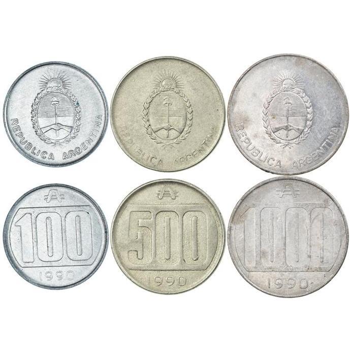 Argentine 3 Coin Set 100 500 1000 Australes | Laurel Wreath | 1990 - 1991