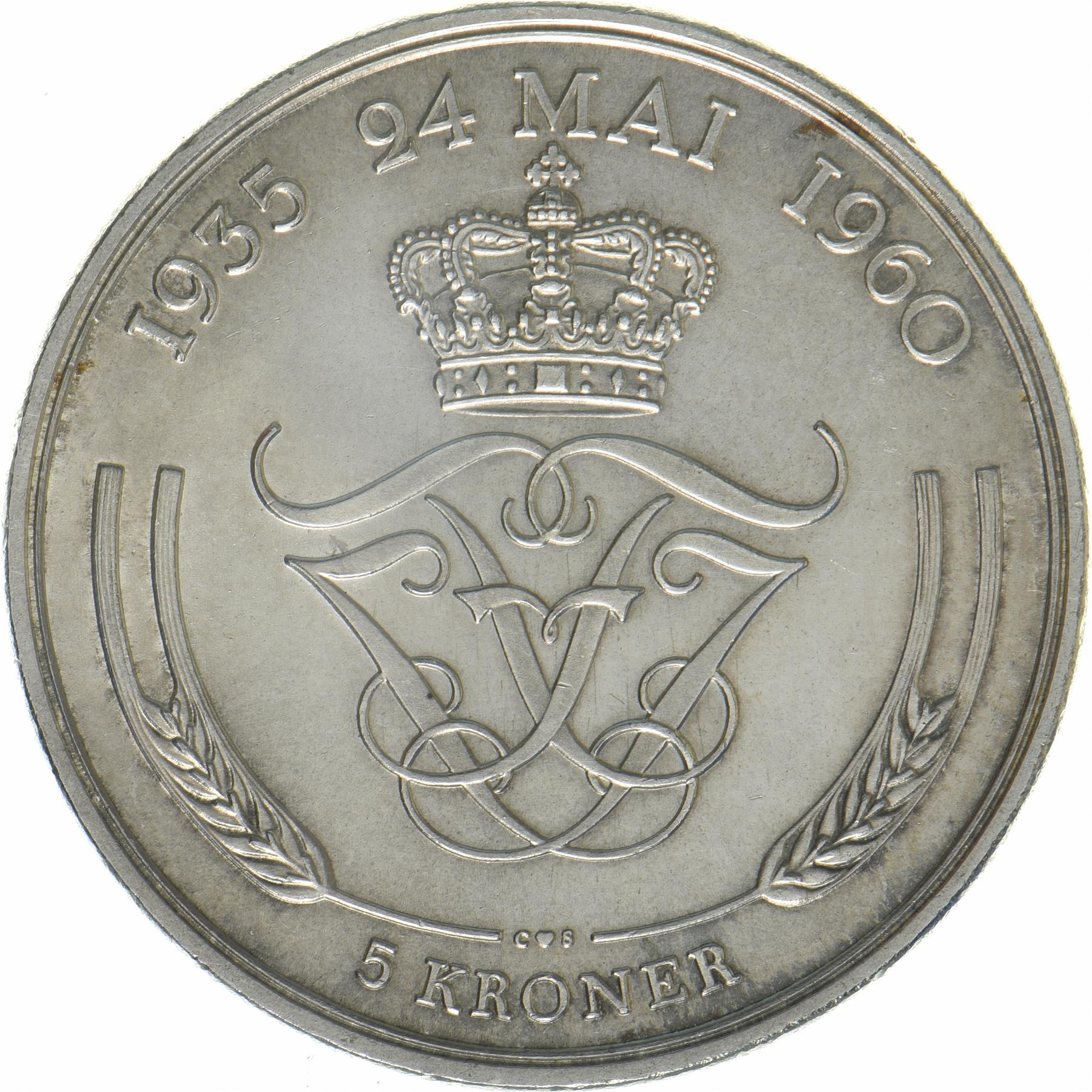 Denmark | 5 Kroner Coin | Silver | Silver Wedding Anniversary | KM:852 | 1960