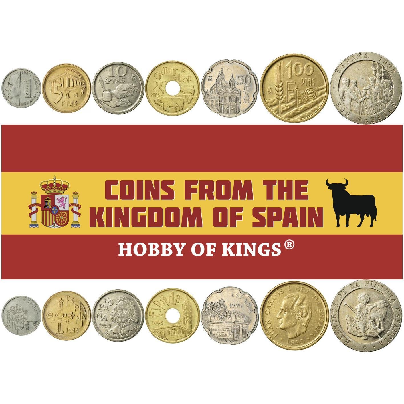 Испанский набор из 7 монет 1 5 10 25 50 100 200 песет | Хуан Карлос I | Франсиско де Кеведо | Церковь Святого Эстебана | Королевская базилика Сан-Франциско Эль-Гранде | Быки из Гисандо | Крест Победы | Испания | 1995