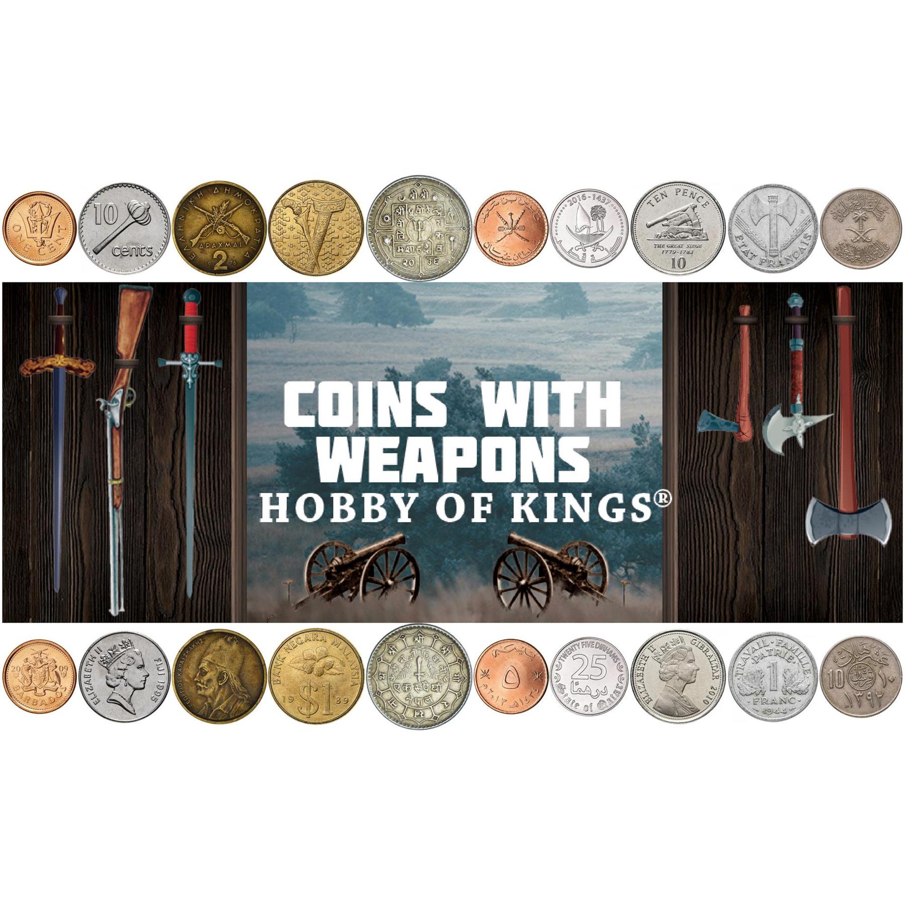 Weapon Coin Collection - Coins with Axes, Swords, Maces, Tridents, Muskets, Cannons - Historic Arms