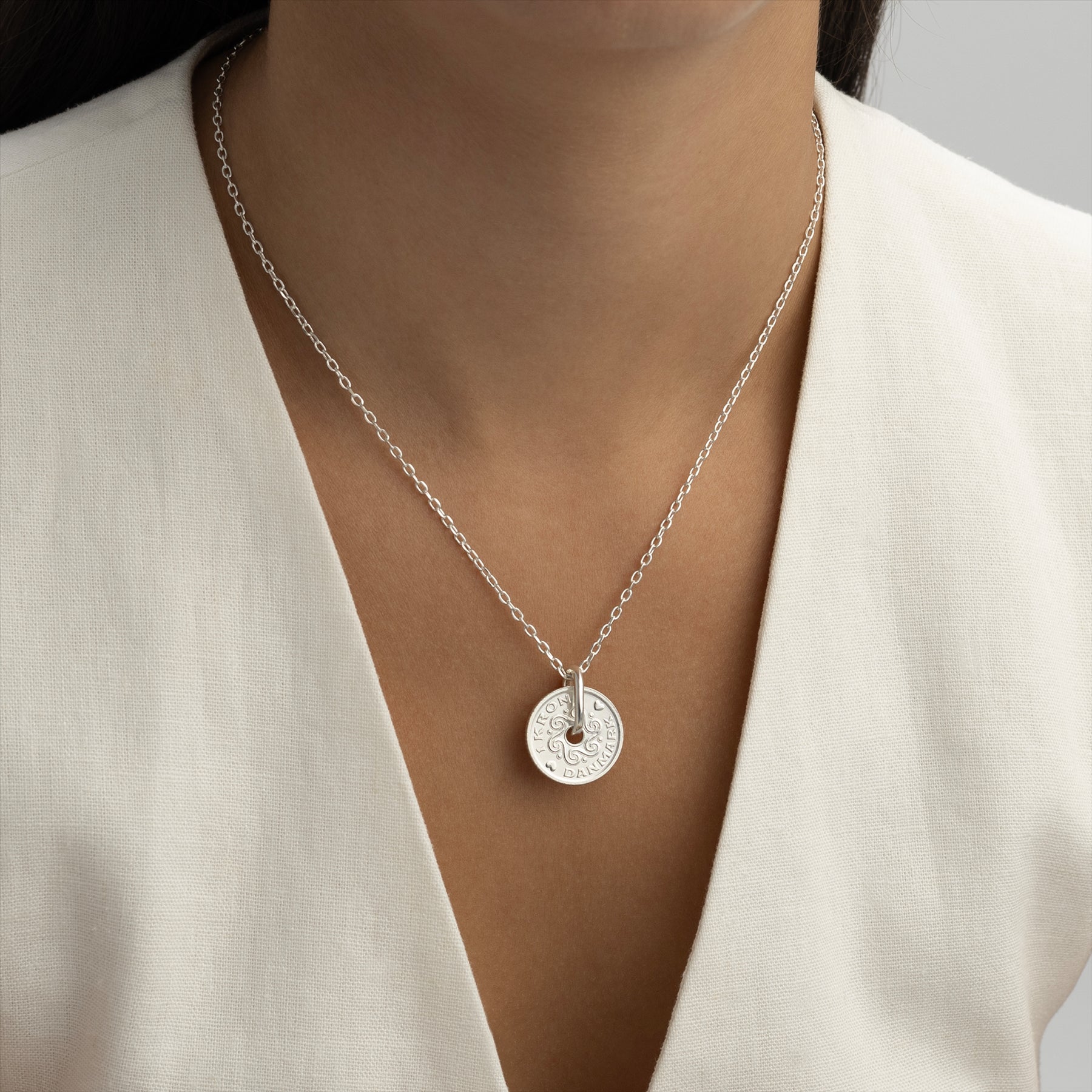 Danish Coin Necklace | Medallion Pendant Jewelry | Rhodium Plated 1 Krone | Denmark | 1992 - 2023