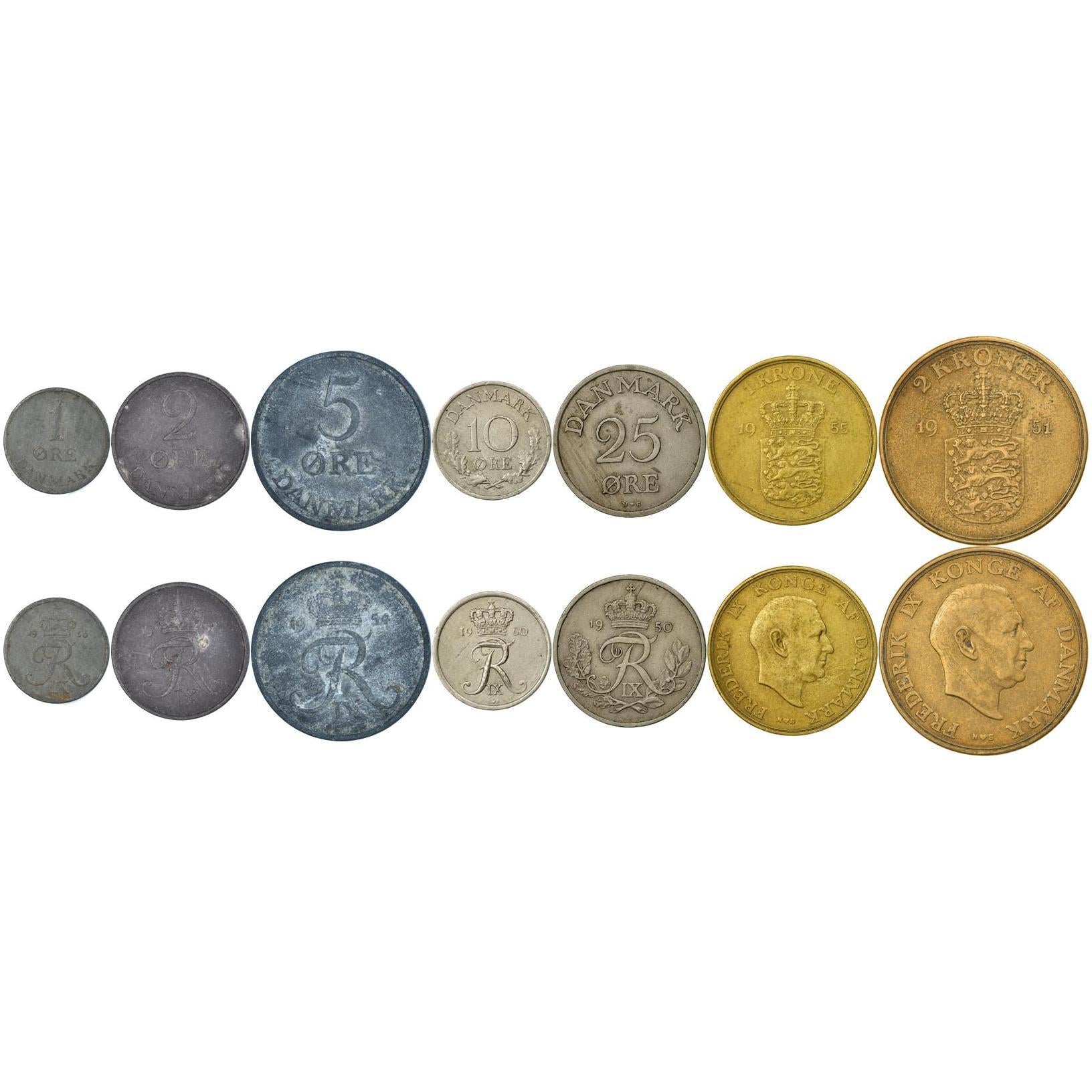 Denmark | 7 Coin Set | 1 2 5 10 25 Ore 1 Krone 2 Kroner | 1947 - 1964