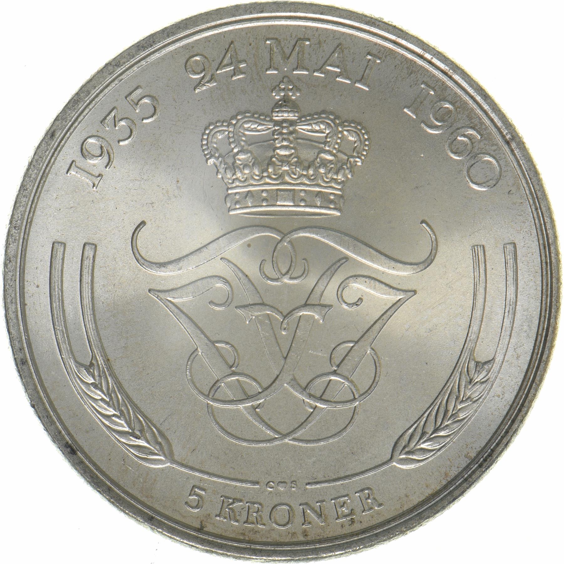Denmark | 5 Kroner Coin | Silver | Silver Wedding Anniversary | KM:852 | 1960