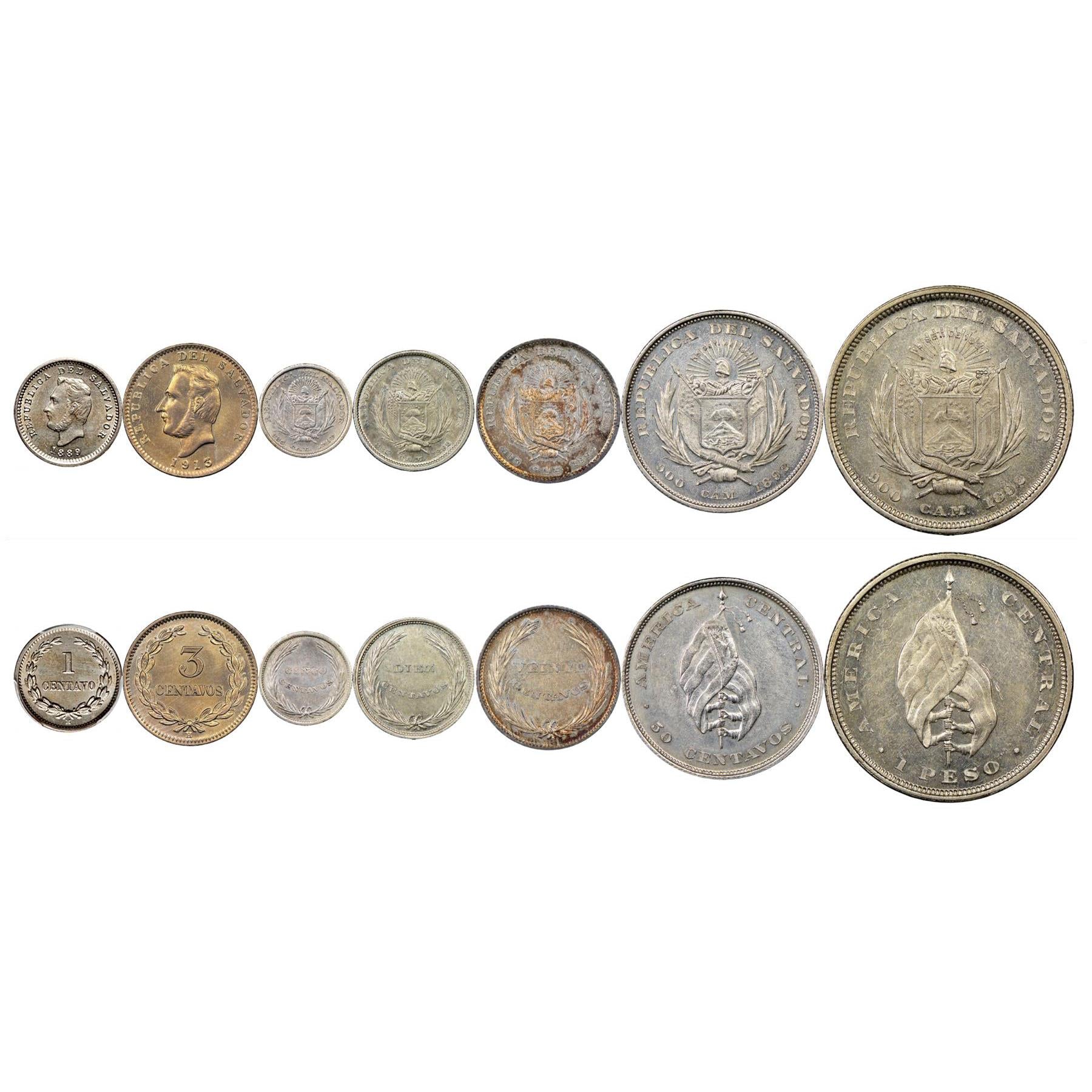 Salvadoran 7 Coin Set 1 3 5 10 20 50 Centavos 1 Peso | Francisco Morazan | Christopher Columbus | Phrygian Cap | El Salvador | 1882 - 1913