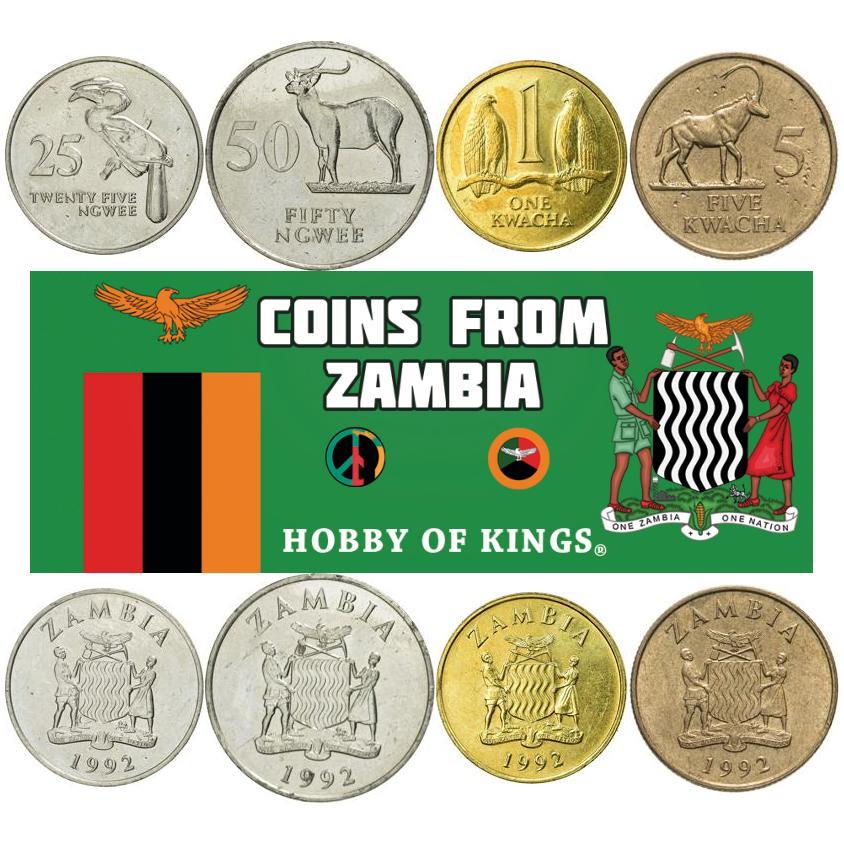 Zambia | 4 Coin Set | 25 50 Ngwee 1 5 Kwacha | 1992