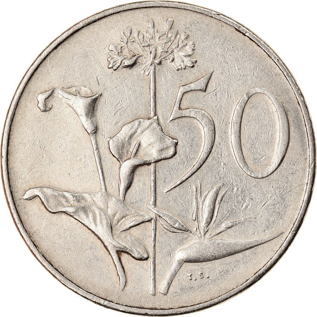 South Africa | 50 Cents Coin | Founder of Cape Town | Flowers | Lilies | Bird of Paradise | Km:70.1 | 1965 - 1969