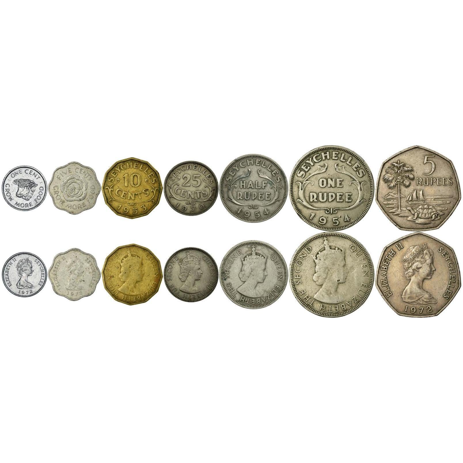 Set 7 Coins Seychelles 1 5 10 25 Cents 1/2 1 5 Rupees 1953 - 1975