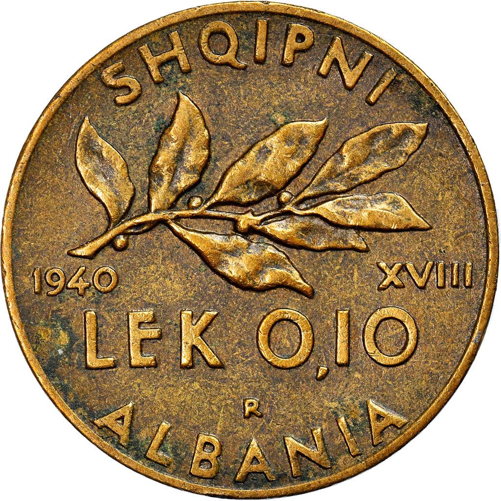 Albanian 0.10 Lek Coin | Vittorio Emanuele III | Oak | Acorn | KM28 | 1940 - 1941