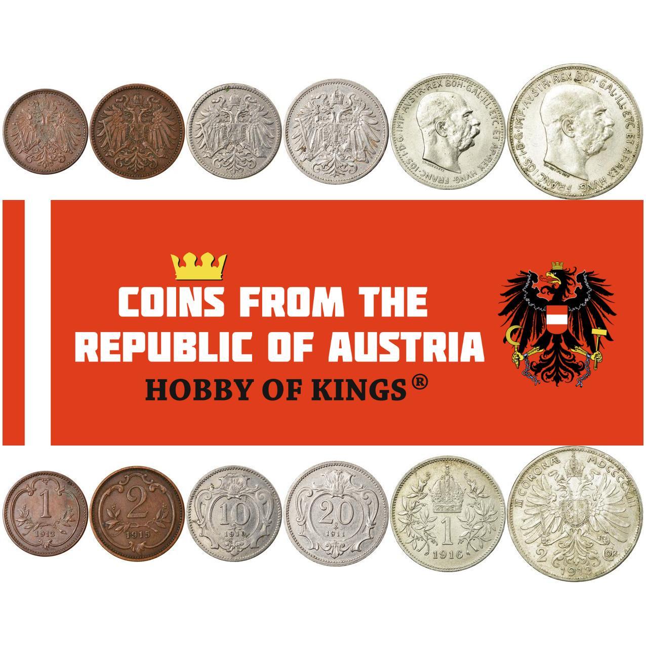 Austrian Empire | 6 Coin Set | 1 Heller 2 10 20 Hellers 1 2 Corona | Art Nouveau | Habsburg-Lorraine Shield | Emperor Franz Joseph I | Imperial Crown | 1892 - 1916