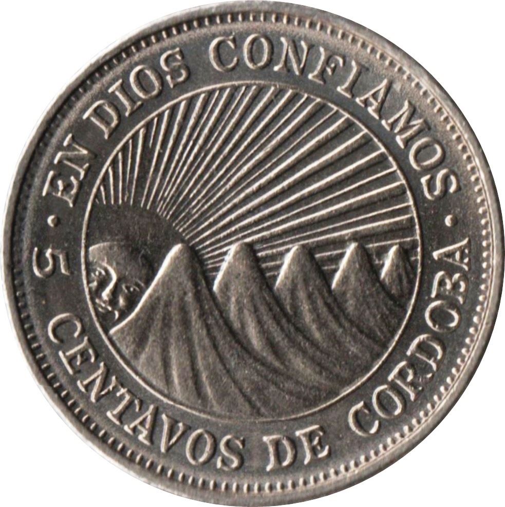 Nicaragua | 5 Centavos Coin | Explorer | Sun | Volcanos | Km:24.2A | 1972