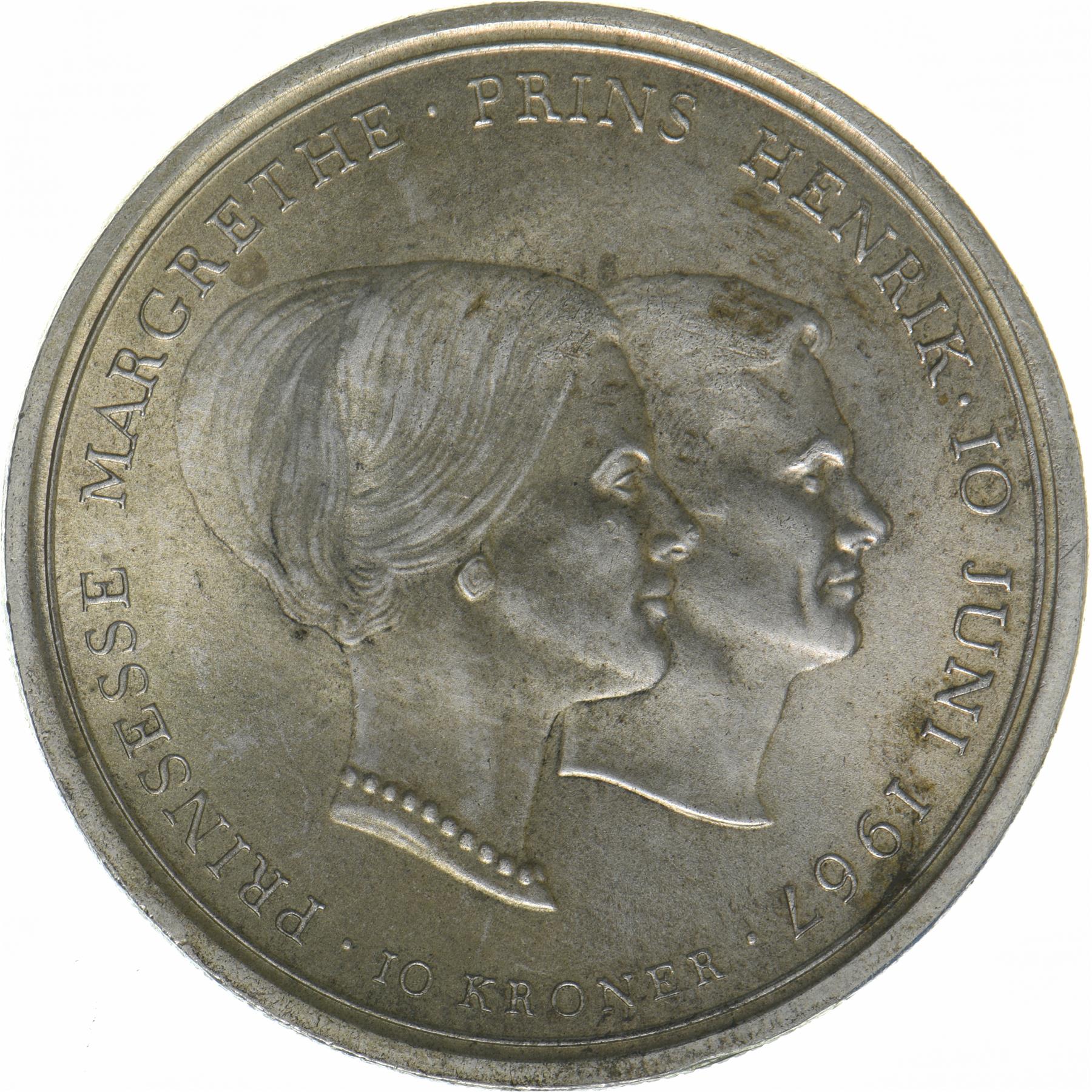 Denmark | 10 Kroner Coin | Silver | Wedding of Princess Margrethe | KM:856 | 1967