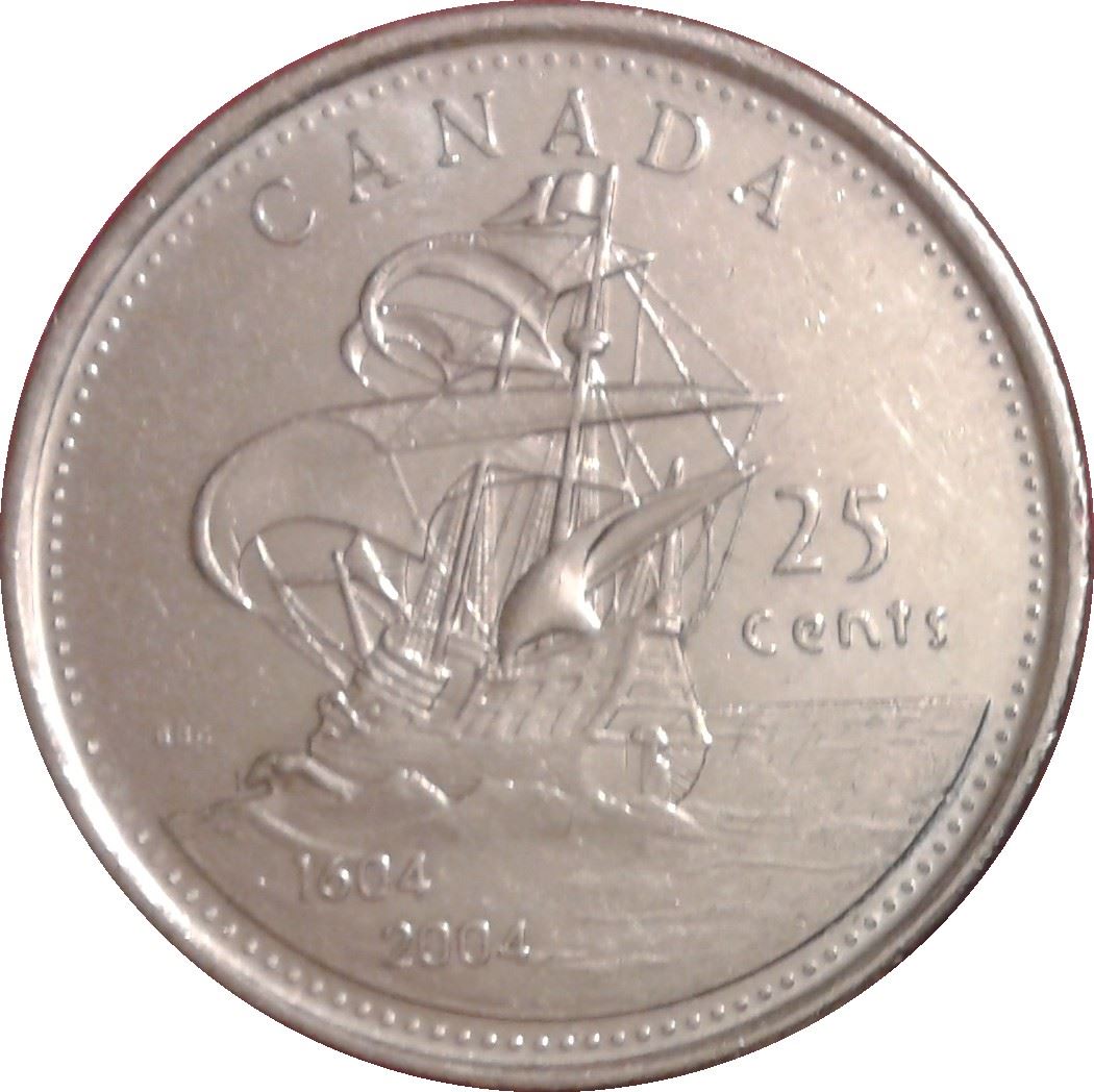 Canada | 25 Cents Coin | Saint Croix Island | Nickel plated steel | KM:628 | 2004
