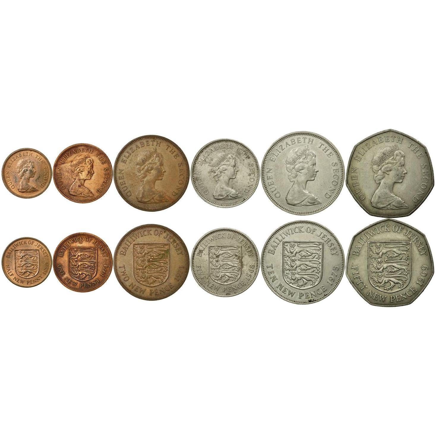 Jersey | 6 Coin Set | 1/2 1 New Penny 2 5 10 50 New Pence | 1968 - 1980