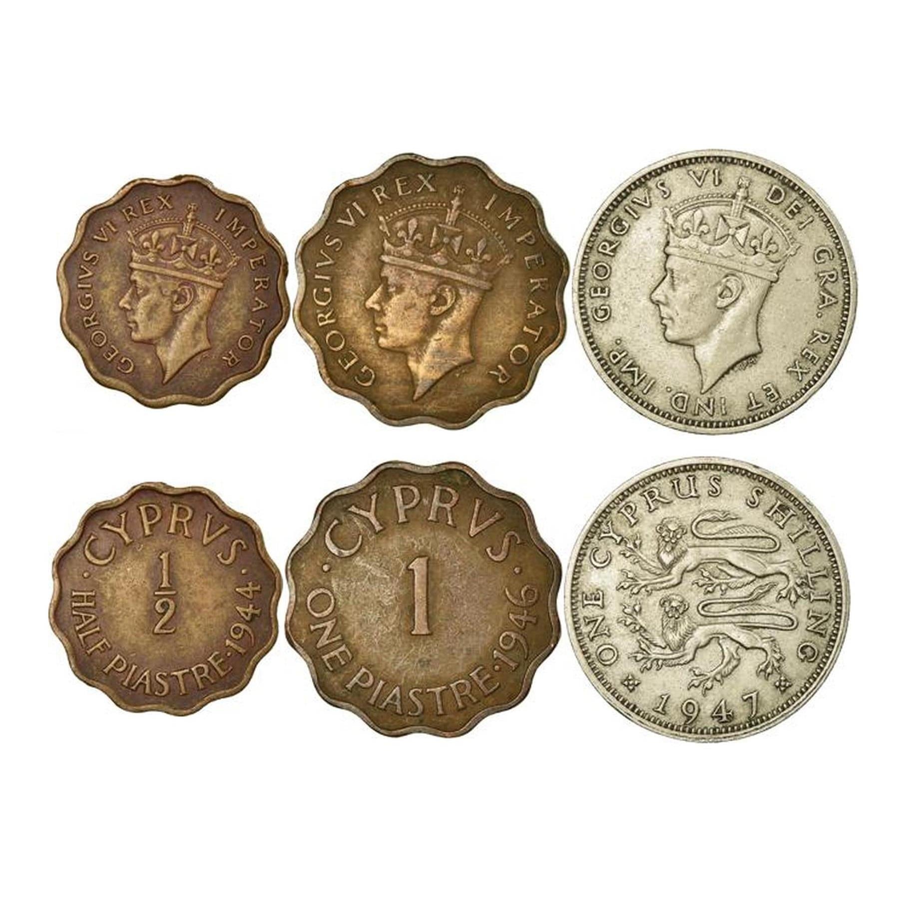 Set 5 Coins Cyprus 1/2 1 4 1/2 Piastres 9 18 Shillings 1938 - 1940
