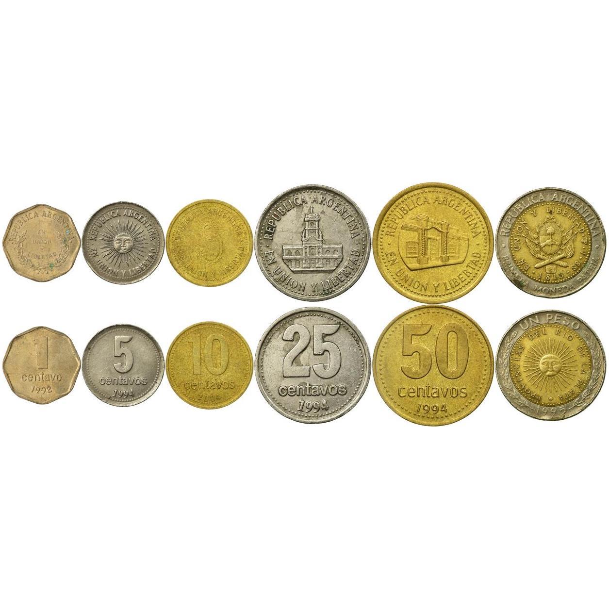 Argentine 6 Coin Set 1 5 10 25 50 Centavos 1 Peso | Tucuman | Sun of May | 1992 - 2006
