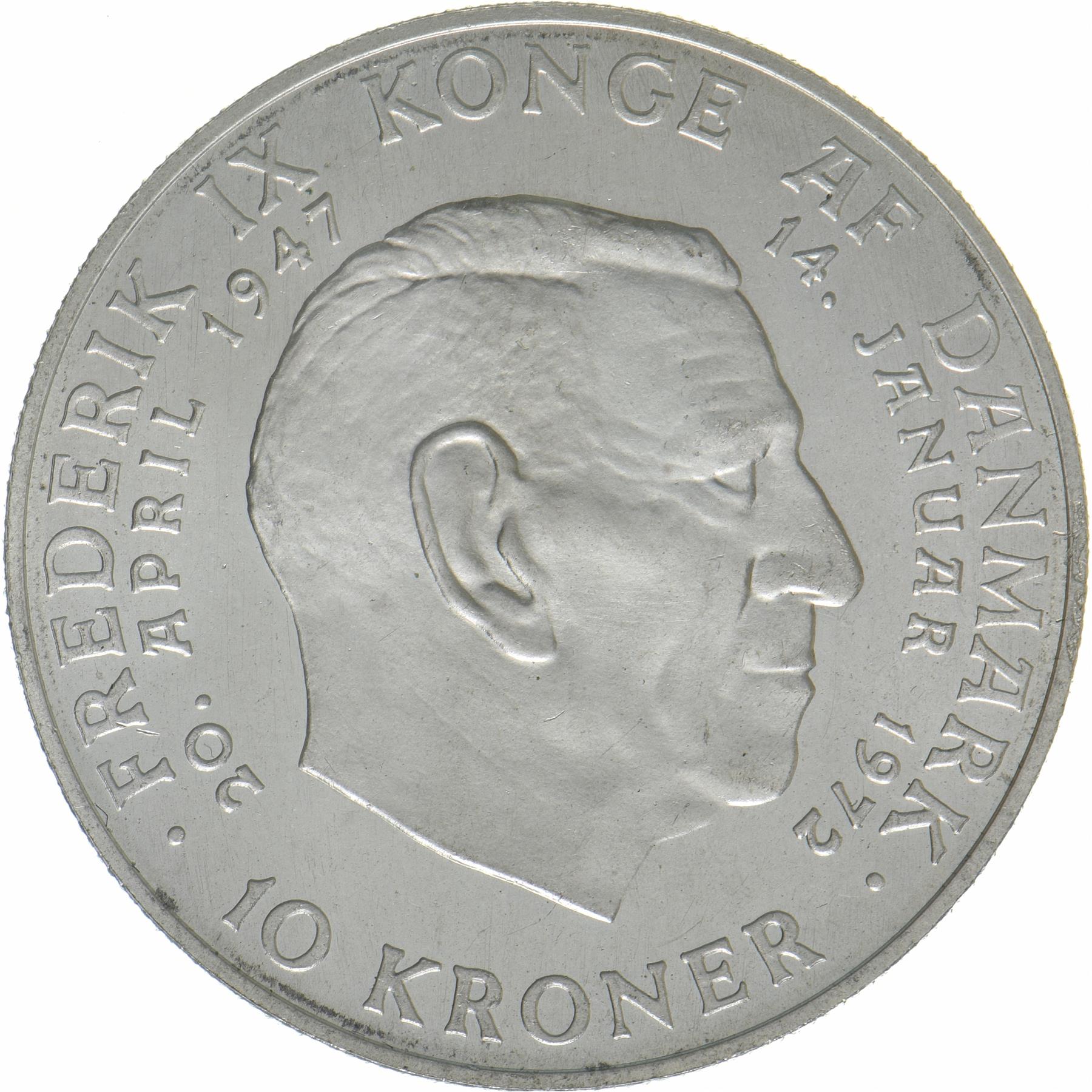 Denmark | 10 Kroner Coin | Silver | Death of Frederik IX and accession of Margrethe II | KM:858 | 1972