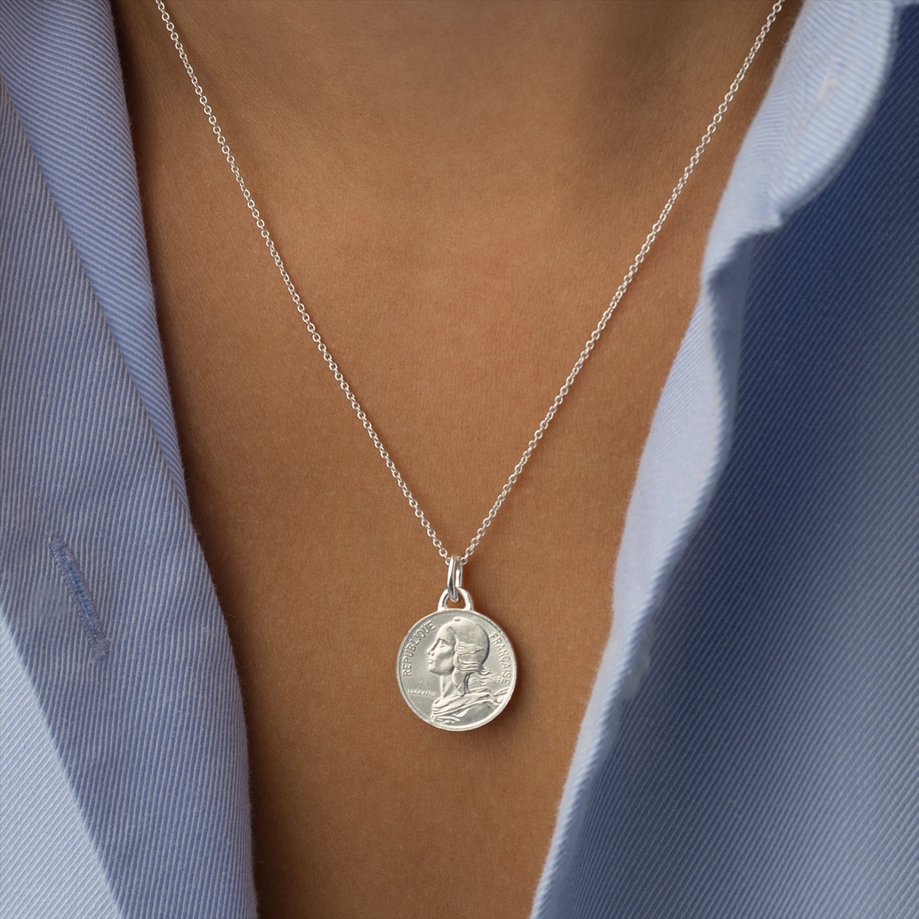 French Coin Necklace | Medallion Pendant Jewelry | Rhodium Plated 5 Centimes | 1966 - 2001