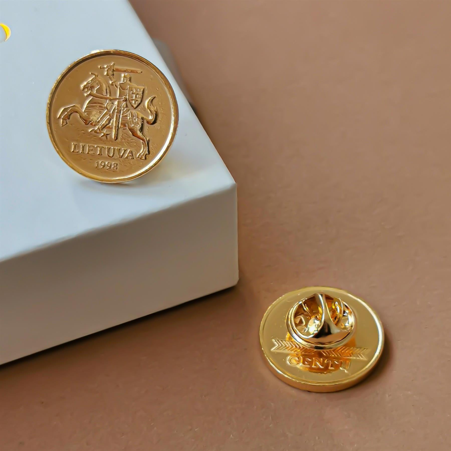 Lithuanian Coin Pin Brooch Badge | Butterfly Clutch Fastener | Genuine 20 Centu | LTU107 | Gold Plated | 1997 - 2014