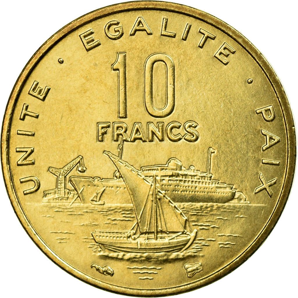 Djibouti | 10 Francs Coin | Knife | Spear | Shield | Dhow | Ocean Liner | Km:23 | 1977 - 2017