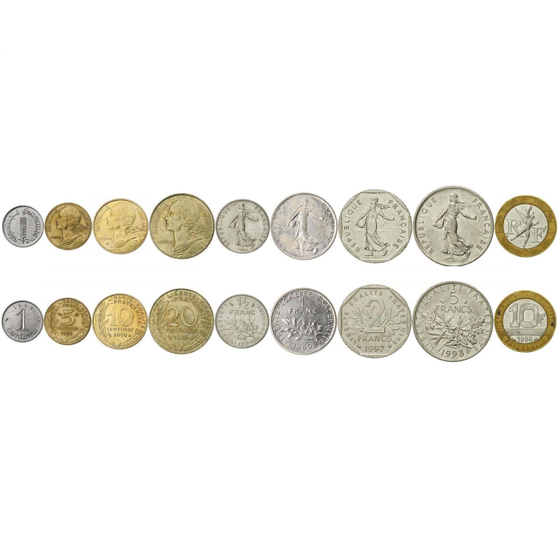 France | 9 Coin Set | 1 5 10 20 Centimes 1/2 1 2 5 10 Francs | Sculpture | Marianne | 1960 - 2001