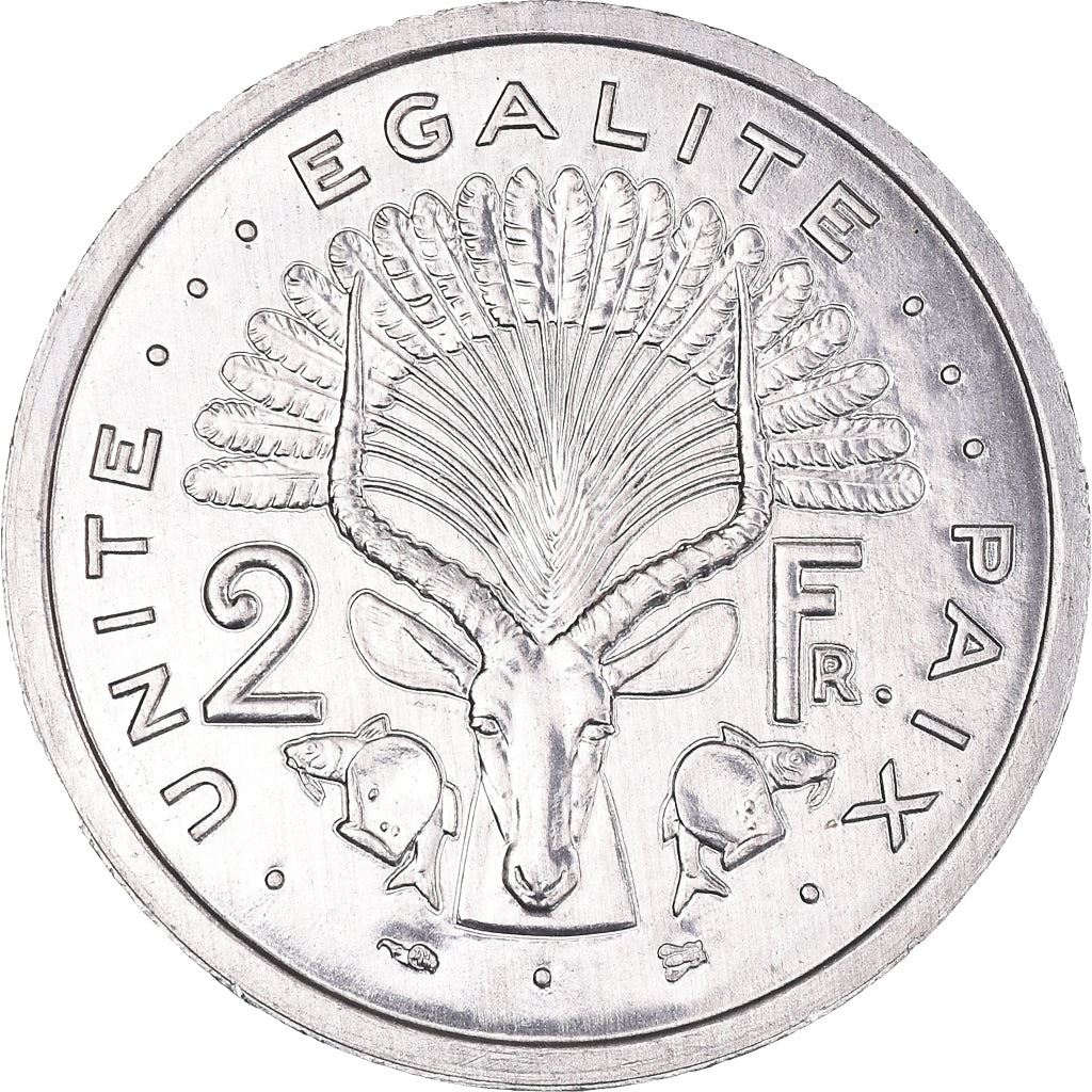 Djibouti | 2 Francs Coin | Knife | Spear | Shield | Waterbuck | Km:21 | 1977 - 1999