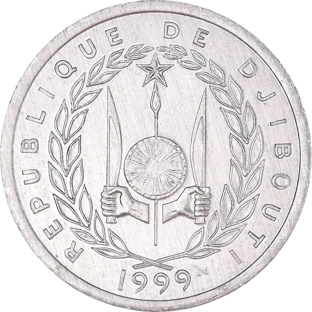 Djibouti | 1 Franc Coin | Knife | Spear | Shield | Waterbuck | Km:20 | 1977 - 1999