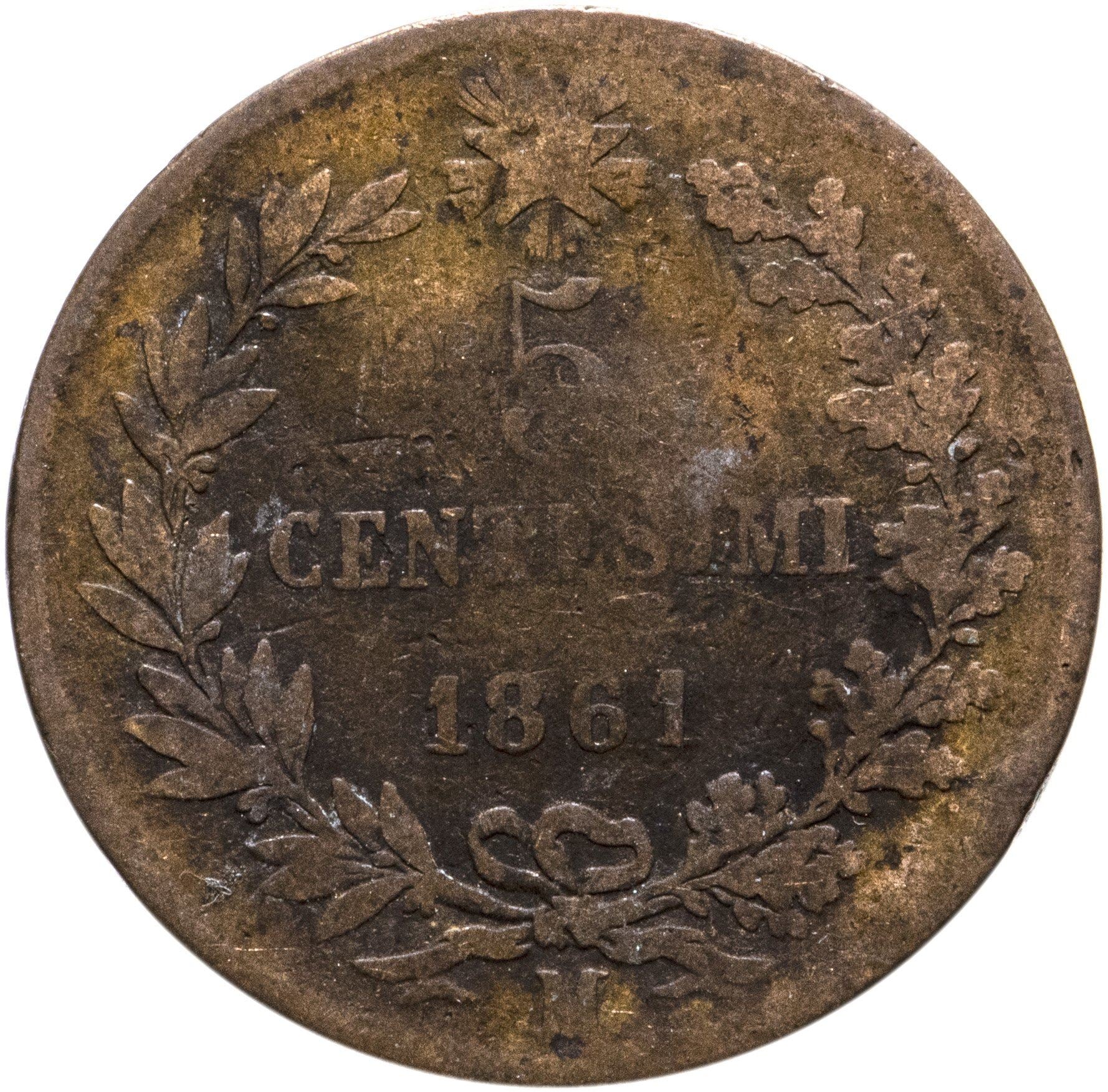 Italy 5 Centesimi Coin | Vittorio Emanuele II | Branch | Oak Laurel | Star | KM3 | 1861 - 1867