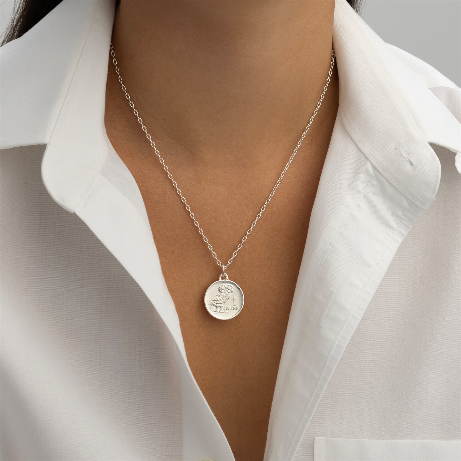 Rhodium Plated Genuine Greek 1 Drachma Coin Necklace | Medallion | Owl | 1973