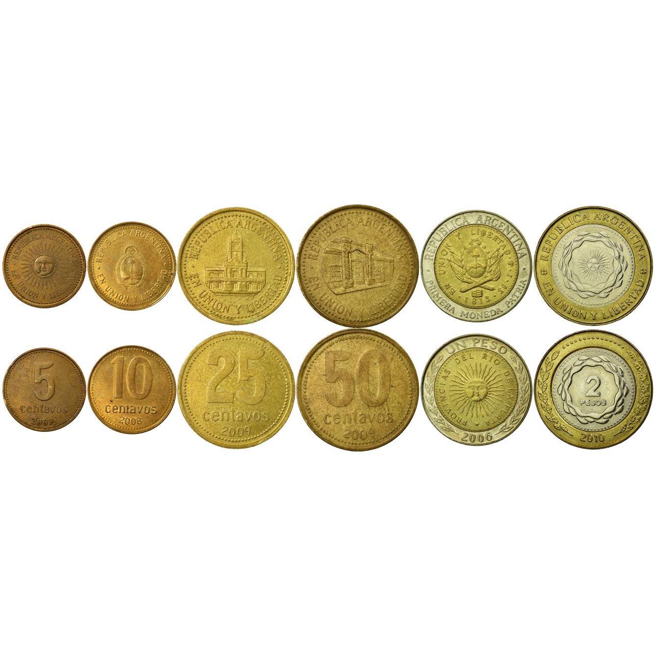 Argentina | 6 Coin Set | 5 10 25 50 Centavos 1 Peso 2 Pesos | 2006 - 2016