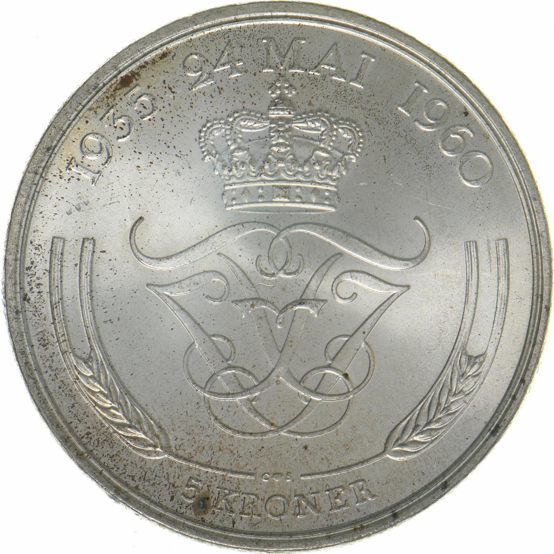 Denmark | 5 Kroner Coin | Silver | Silver Wedding Anniversary | KM:852 | 1960