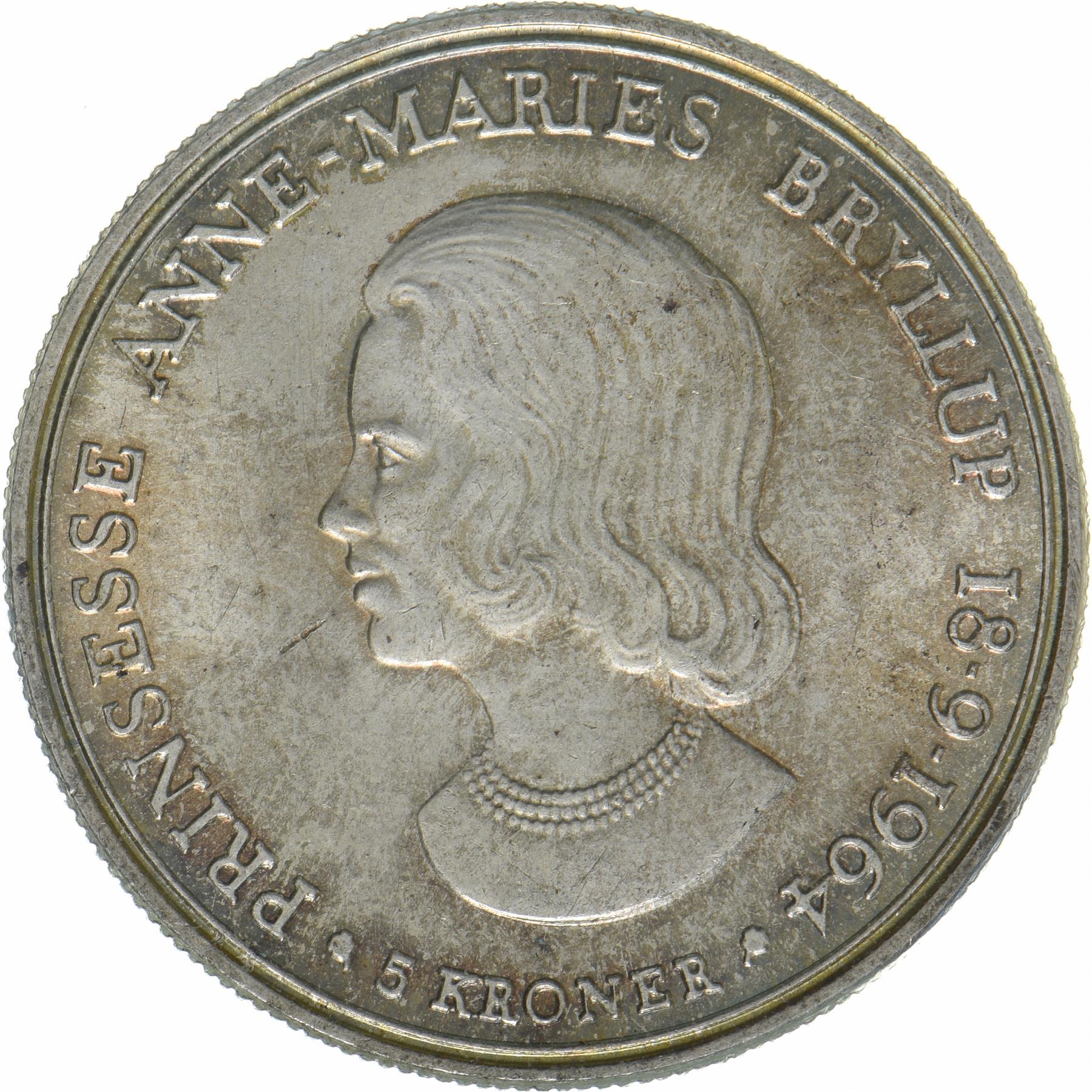 Denmark | 5 Kroner Coin | Silver | Wedding of Princess Anne Marie | KM:854 | 1964