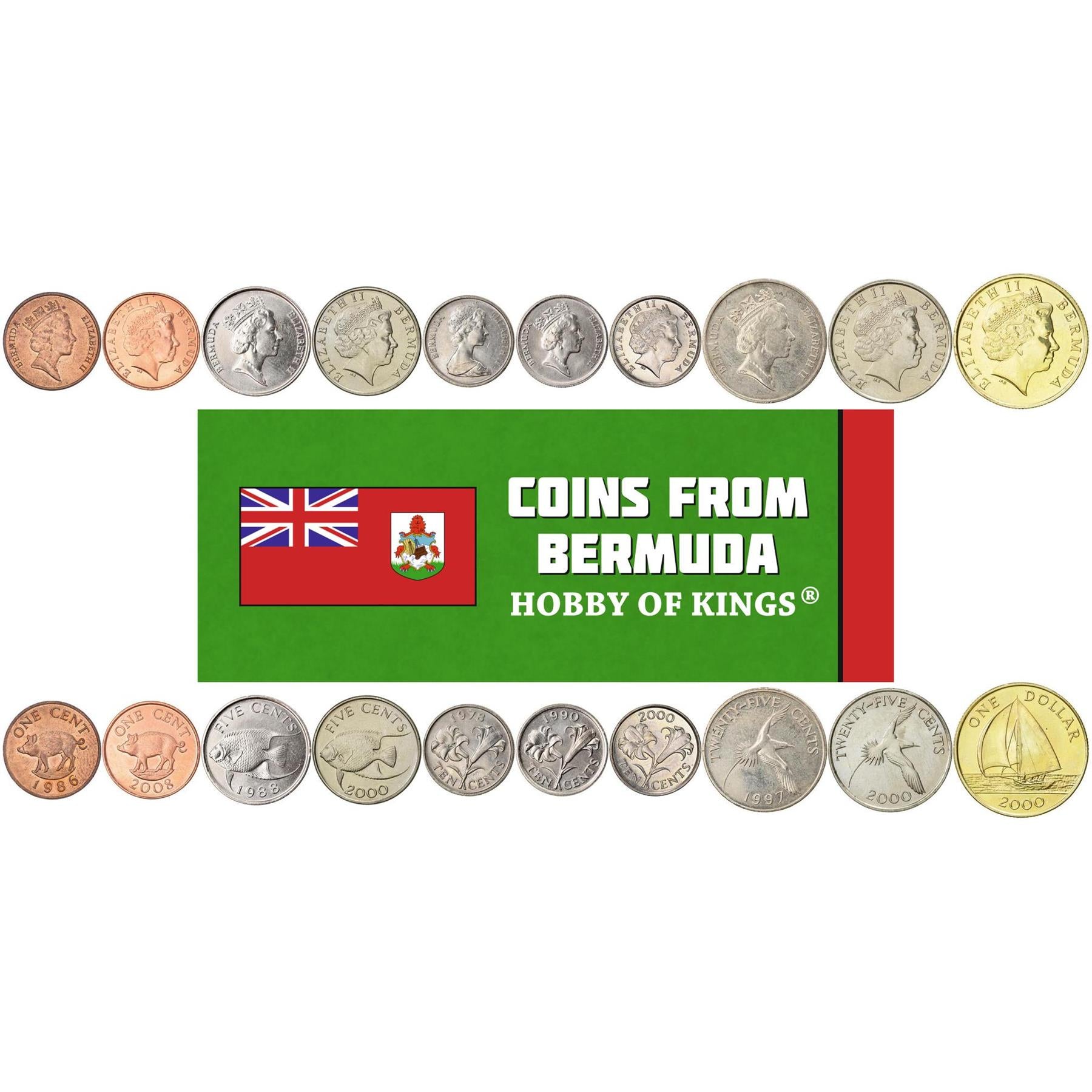 Bermuda | 10 Monete Miste | 1 5 10 25 Centesimi 1 Dollaro | Cinghiale | Pesce Angelo | Giglio | Uccello Tropicale | Vela | Elisabetta II | 1970 - 2021