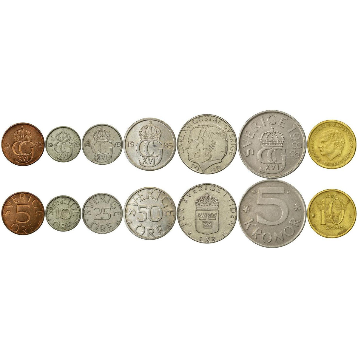 Sweden | 7 Coin Set | 5 10 25 50 Ore 1 Krona 5 10 Kronor | 1976 - 2000