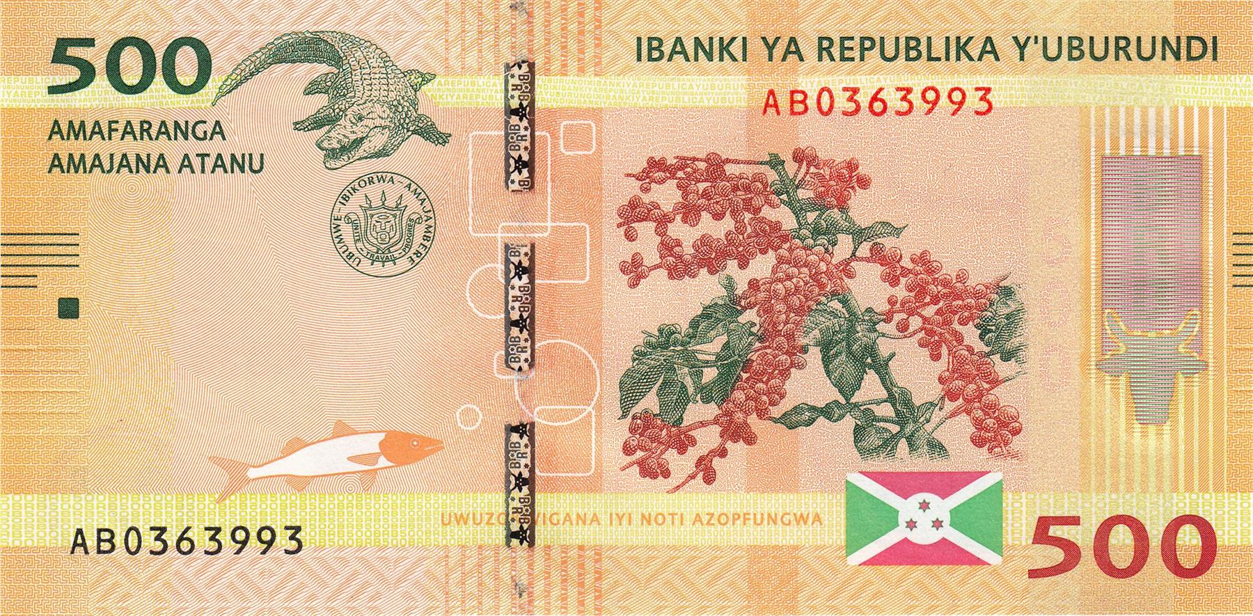 Burundi | 500 Francs Banknote | 2015 - 2023 | Coffee Branch | Crocodile | Map of Burundi