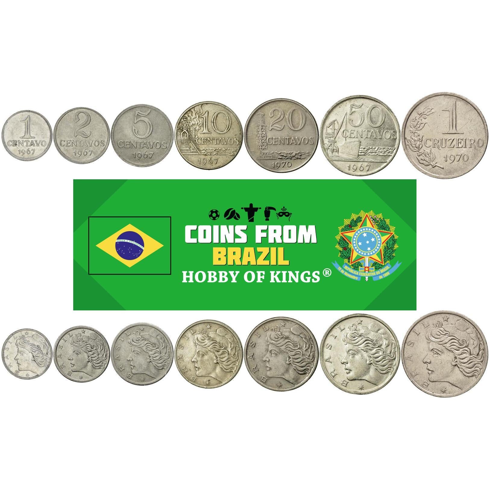 Brazil | 7 Coin Set | 1 Centavo 2 5 10 20 50 Centavos 1 Cruzeiro | 1967 - 1970