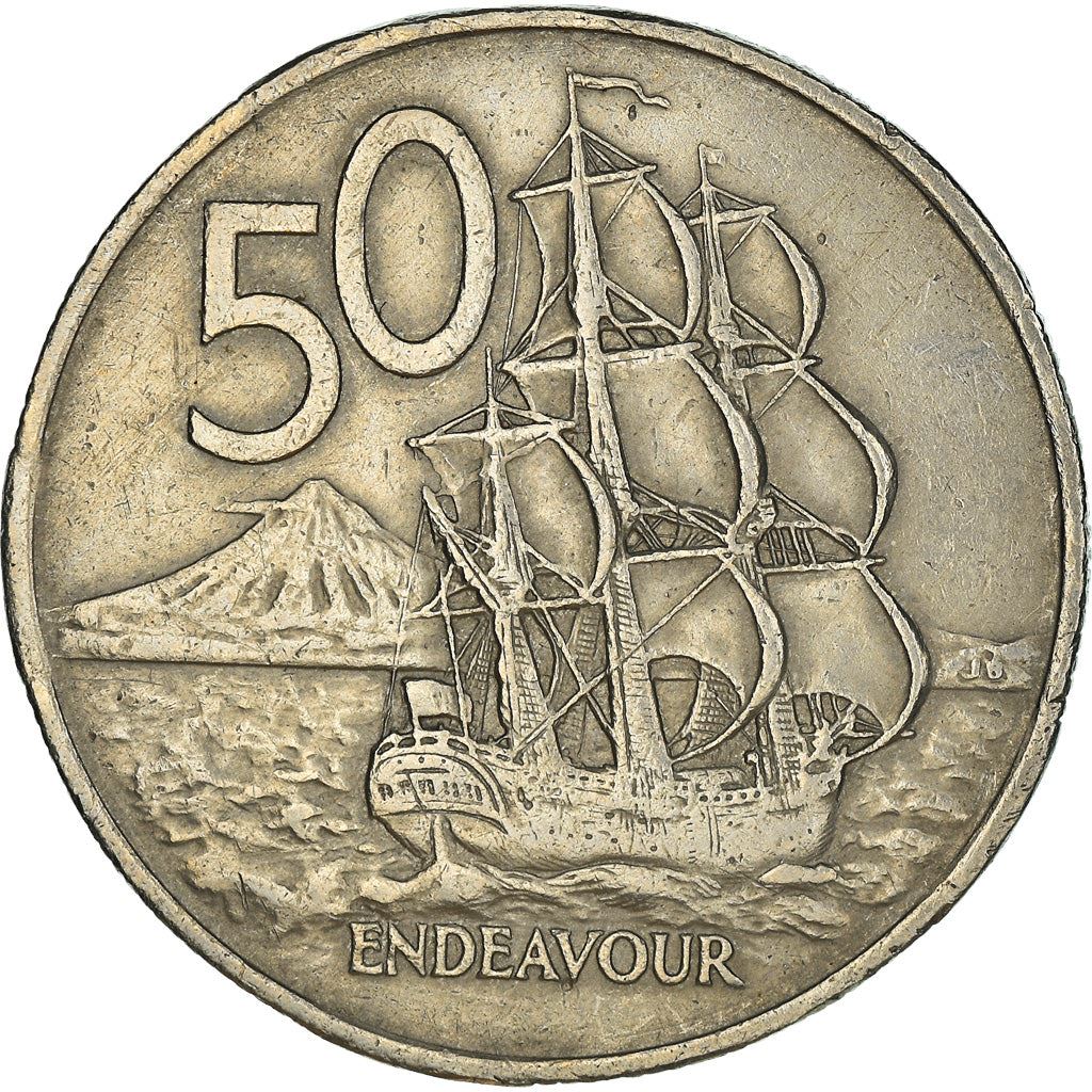 ニュージーランド 50セント硬貨 | エリザベス2世女王 | キャプテン・ジェームズ・クック | HMS エンデバー | KM37 | 1967年 - 1985年