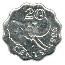 Kingdom of Swaziland | 20 Cents Coin | King Mswati III | Elephant | Km:42 | 1986