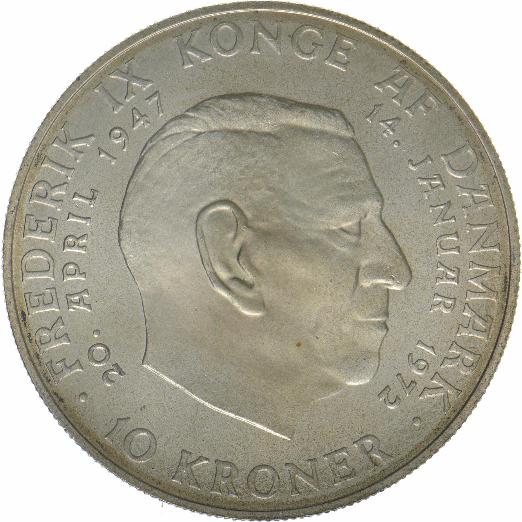 Denmark | 10 Kroner Coin | Silver | Death of Frederik IX and accession of Margrethe II | KM:858 | 1972