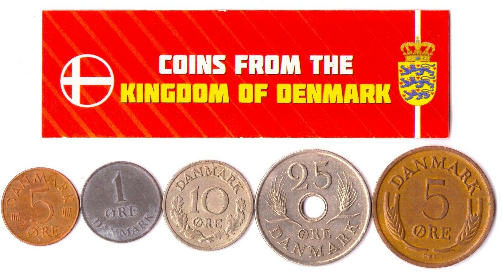 5 Mixed Coins From Denmark | 1 Ore - 25 Ore | 1947 - 2018