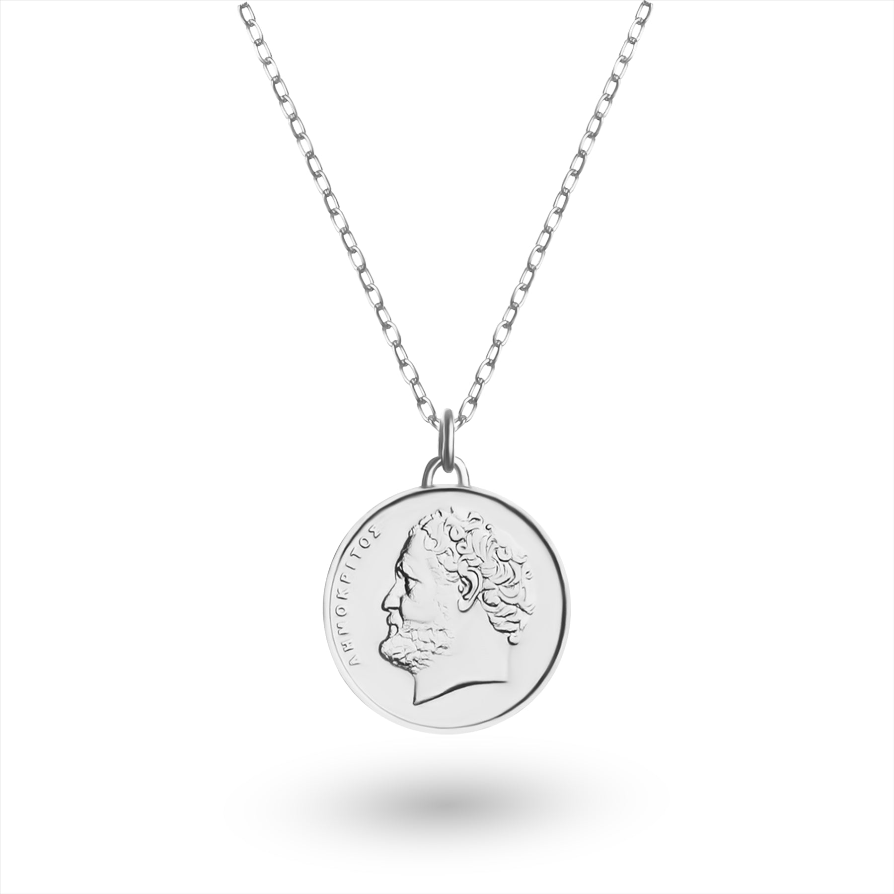 Greek Coin Necklace | Medallion Pendant Jewelry | Rhodium Plated 10 Drachmes | Democritus | 1976 - 2000