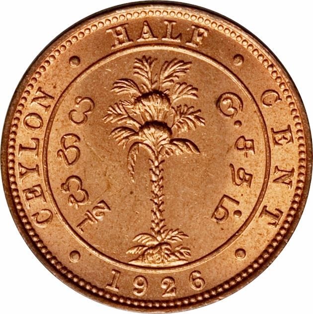 Ceylon | 1/2 Cent Coin | King George V | Palm Tree | KM106 | 1912 - 1926