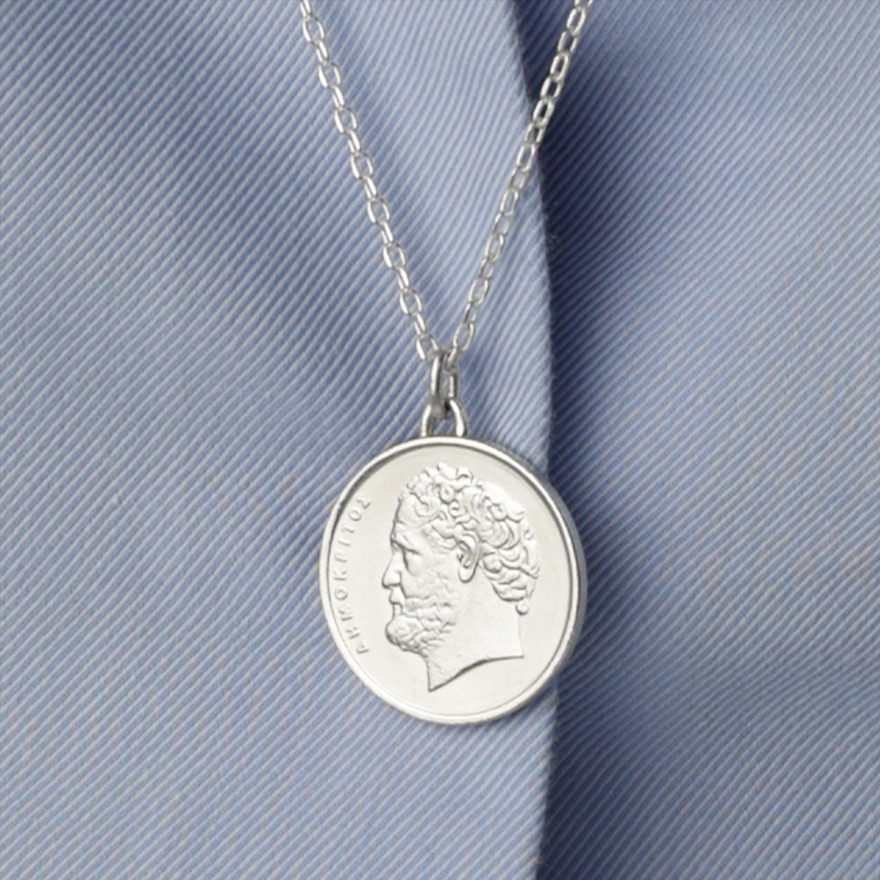 Greek Coin Necklace | Medallion Pendant Jewelry | Rhodium Plated 10 Drachmes | Democritus | 1976 - 2000