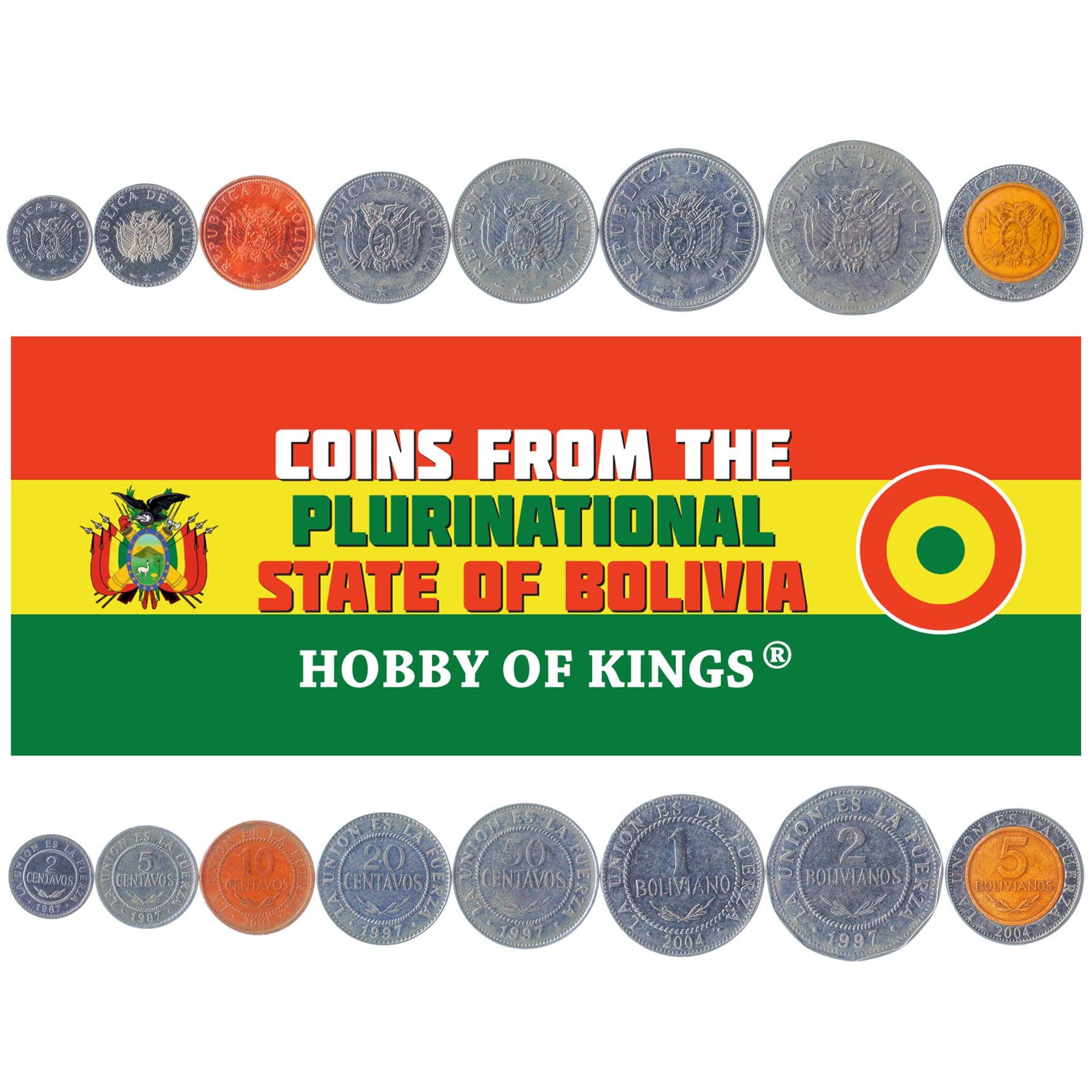Bolivia | 8 Coin Set | 2 5 10 20 50 Centavos 1 2 5 Bolivianos | 1987 - 2008