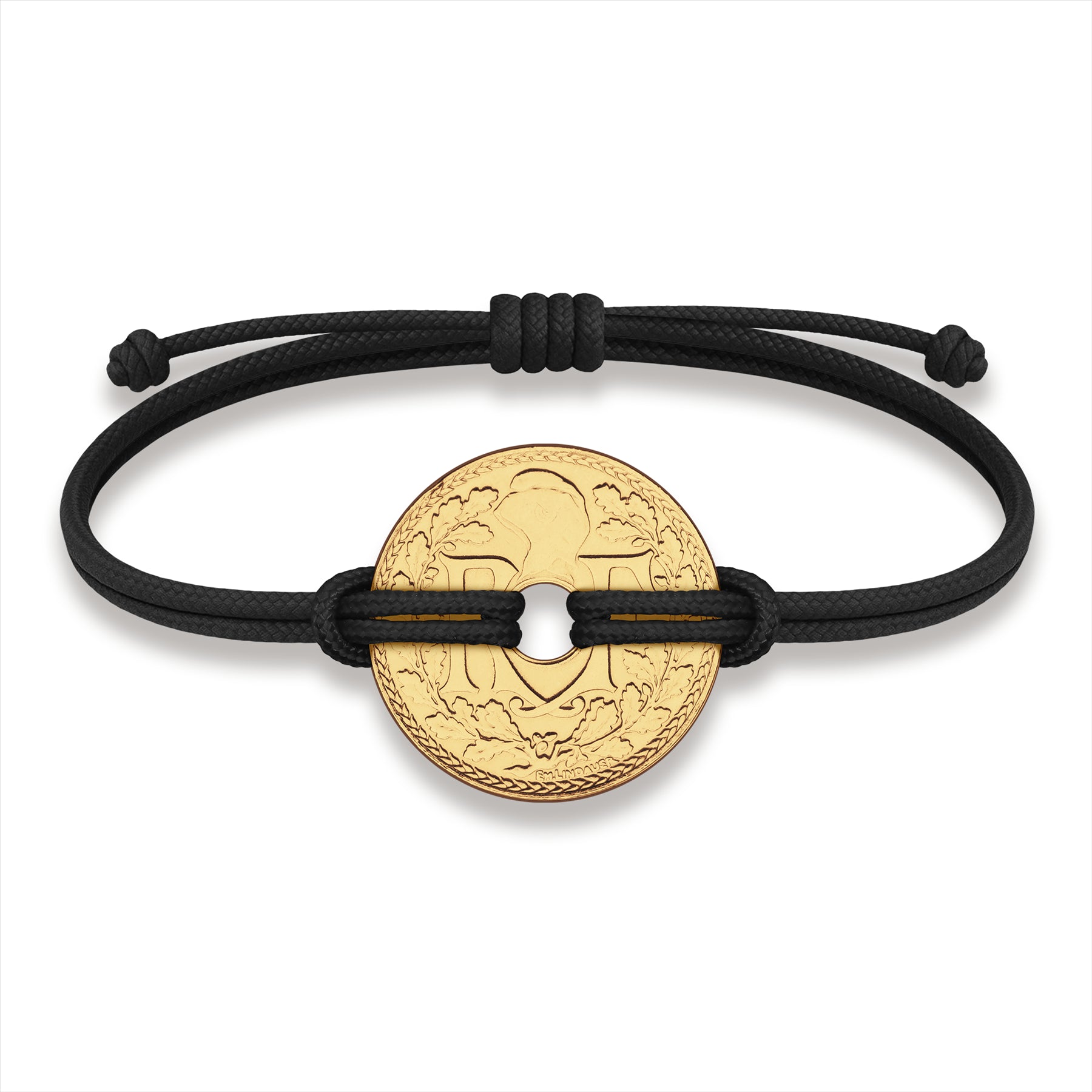 Good Luck Coin Bracelet | Black String Thread Wristband | France Coin 10 Centimes | 18k Gold Plated Fortune Wealth & Protection