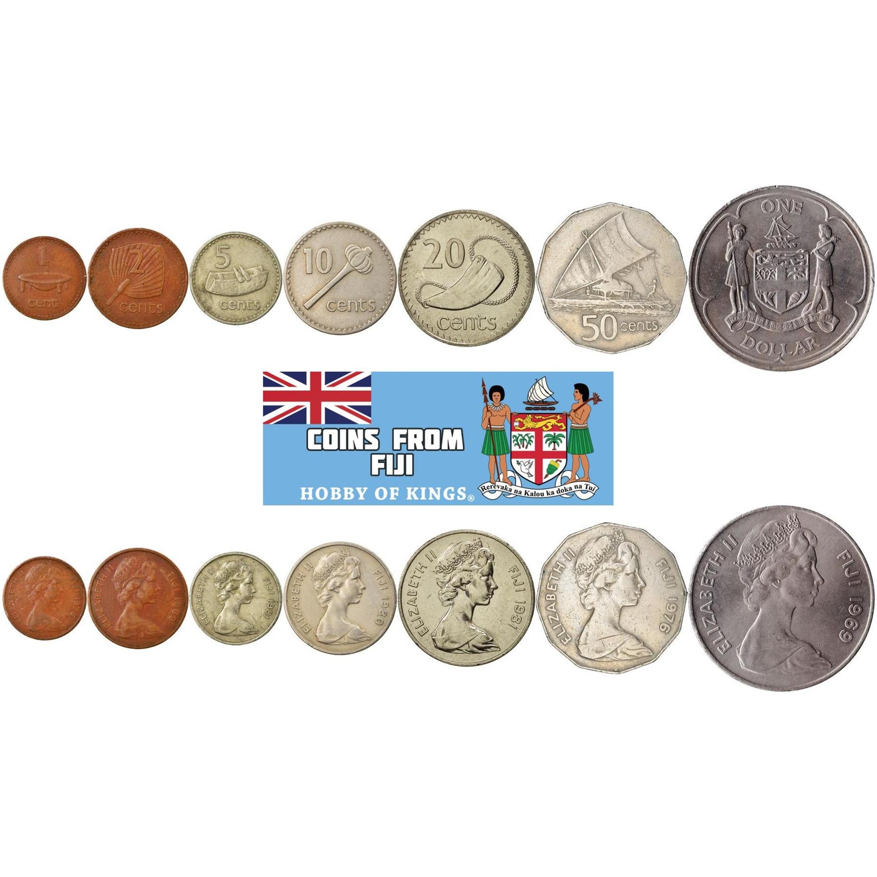 Fiji | 7 Coin Set | 1 Cent 2 5 10 20 50 Cents 1 Dollar | 1969 - 1985